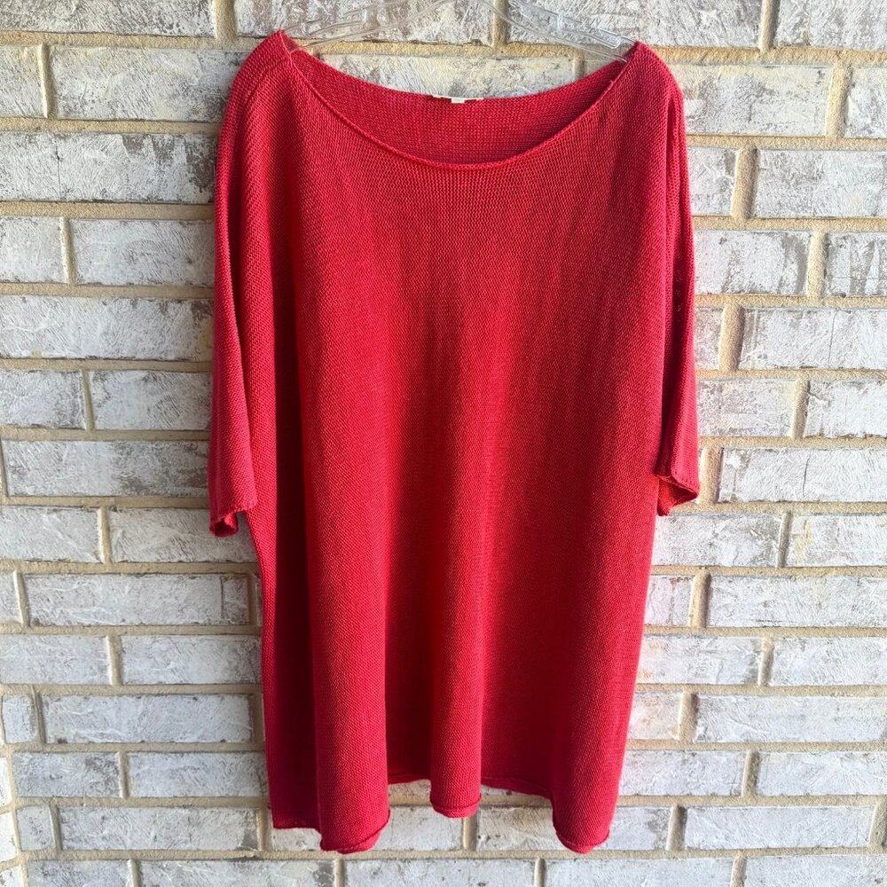Eileen Fisher Red Scoop Neck Lightweight Knit Sweater